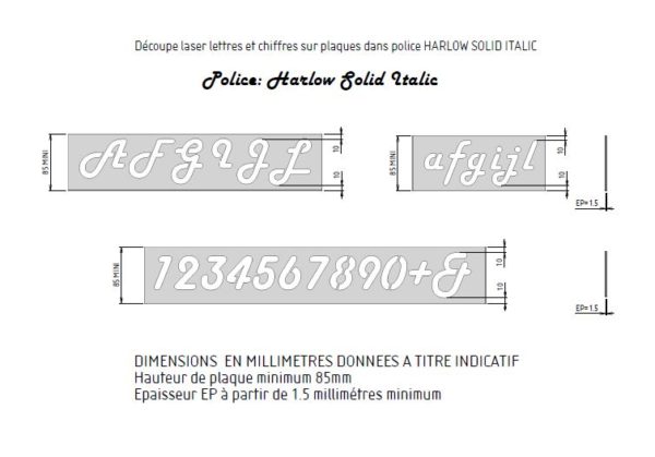 format des plaques police Harlow solid italic